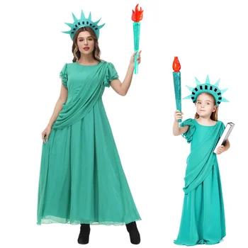 Карнавальный костюм на Хэллоуин для взрослых женщин и девочек, зеленое шифоновое праздничное платье, косплей Статуи Свободы Мира, костюм Греческой богини