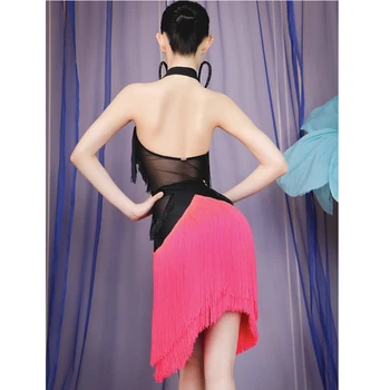Женское платье для латиноамериканских танцев с черной бахромой, сексуальное платье с открытой спиной и розовыми кисточками, танцевальная одежда для выступлений на сцене, костюмы для Ча-Ча Самбы и румбы DL81