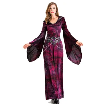 Средневековое готическое платье ведьмы с капюшоном, костюмы для взрослых на Хэллоуин, Страшный костюм ведьмы-вампира для женщин, Маскарадное Длинное платье