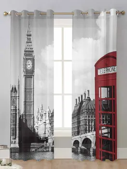 Лондонская телефонная будка Прозрачные занавески для занавешивания окон гостиной Прозрачная вуаль Тюлевая занавеска Cortinas Шторы для домашнего декора