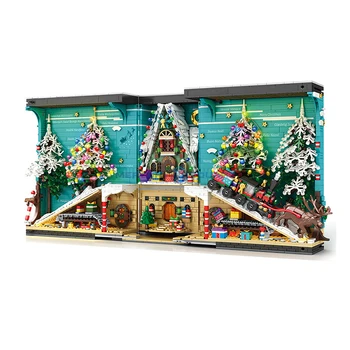 Рождественская подставка для книг Architecture MOC 66033 Елочный поезд, Светящиеся кирпичи, Вид на улицу, Праздничная атмосфера, Модельные блоки, Игрушка в подарок